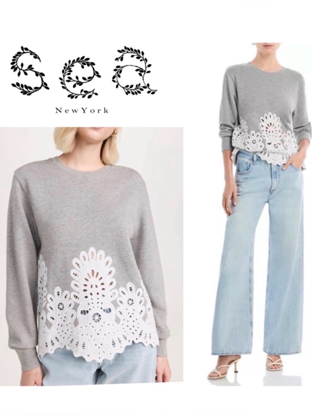 SEA New York Cassidy Eyelet Panel Sweatshirt Pullover Top - Picture 9 of 10